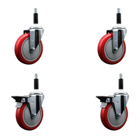 Service Caster 5'' Red Poly Wheel Swivel 7/8'' Expanding Stem Caster Set 2 Brakes, 4PK SCC-EX20S514-PPUB-RED-2-PLB-2-78
